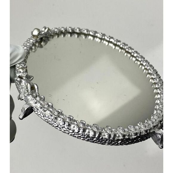 Vtg Sam Fink Vanity Tray Mirror Silver Tone Oval Cherubs Flowers Harp Feet CO126 - Picture 3 of 10